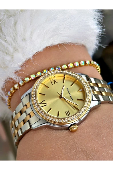 Navimarine Altın Renk Çelik Kordon Kadın Kol Saati + Bileklik Hediyeli - Resim 2
