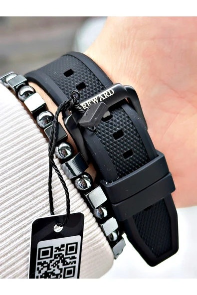 Reward Siyah Renk Kare Model Fonksiyonlu Silikon Spor Erkek Kol Saati + BİLEKLİK - Resim 5