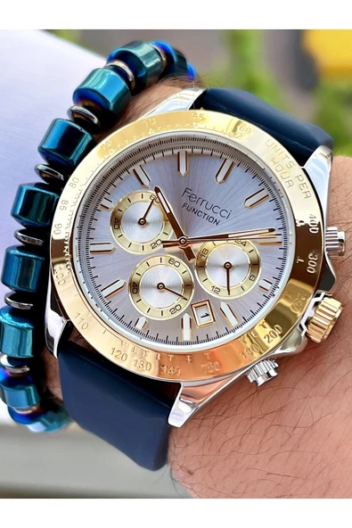 Ferrucci Lacivert Gold Renk Silikon Kordon Fonksiyonlu 2 Yıl Garantili Erkek Kol Saati + Bileklik Hediyeli - Resim 2