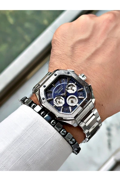 Ferrucci Gümüş Renk Kare Fonksiyonlu  Çelik Kordon Erkek Kol Saati + BİLEKLİK HEDİYELİ - Resim 2