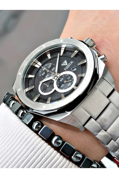 Fiesta Gümüş Renk Çelik Elite Mekanizma Garantili Fonksiyonlu Erkek Kol Saati + BİLEKLİK - Resim 2