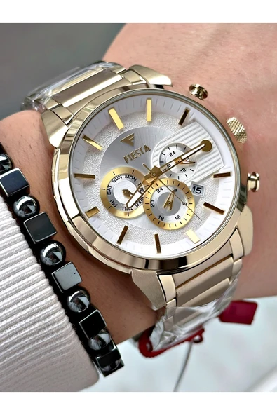 Fiesta Altın Renk Fonksiyonlu Çelik Kasa Kordon Elite Erkek Kol Saati + BİLEKLİK - Resim 3