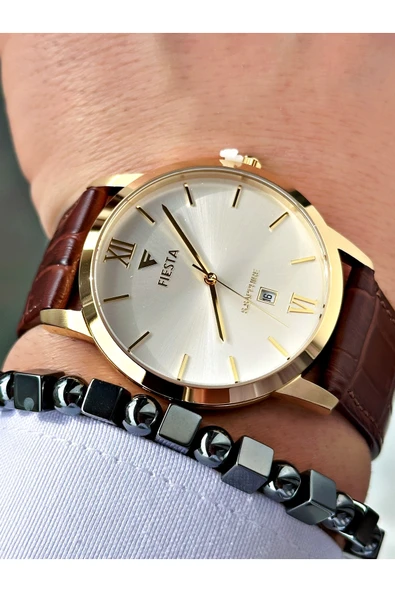 Fiesta Kahve Renk Roma Rakamlı Çelik Kasa Business Erkek Kol Saati + BİLEKLİK ürün görseli 1
