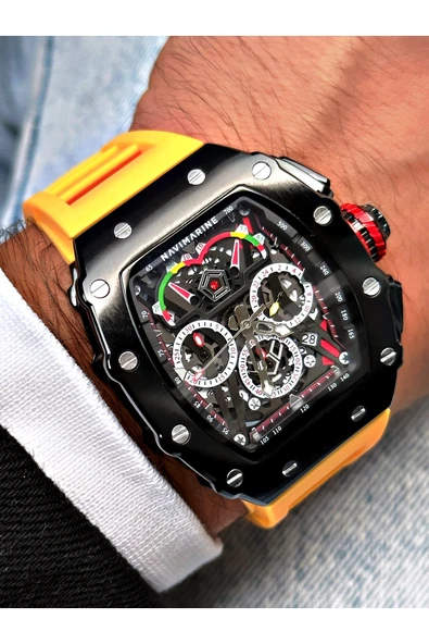 Navimarine Sarı Renk Fonksiyonlu Spor Silikon Kare Erkek Kol Saati + BİLEKLİK HEDİYELİ - Resim 4