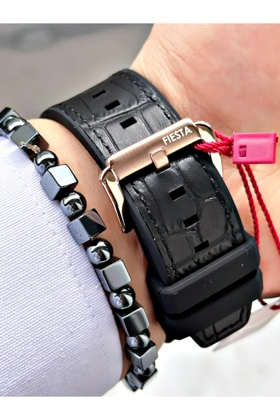 Fiesta Siyah Renk Fonksiyonlu Çelik Kasa Spor Deri Silikon Erkek Kol Saati + BİLEKLİK - Resim 4