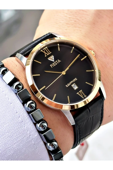 Fiesta Siyah Renk Roma Rakamlı Çelik Kasa Business Erkek Kol Saati + BİLEKLİK - Resim 3