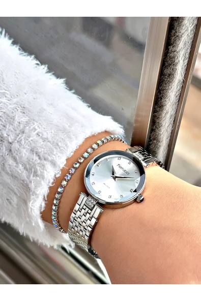 Ferrucci Gümüş Renk Kesme Cam Kristal Model Şık Model Kadın Kol Saati + BİLEKLİK HEDİYELİ - Resim 2