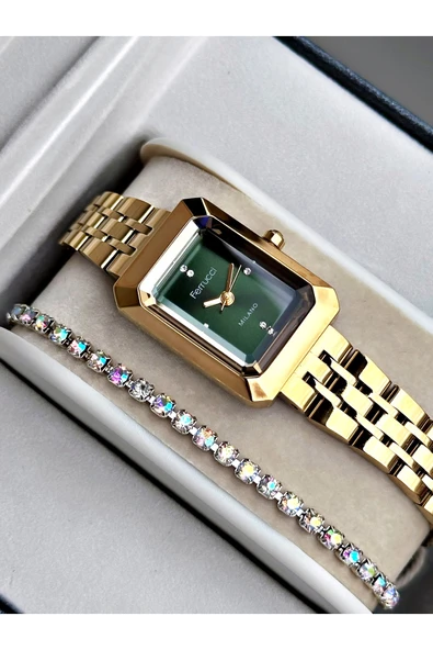 Ferrucci Altın Renk Minimal Kasa Çelik Kordon Kadın Kol Saati + BİLEKLİK - Resim 2