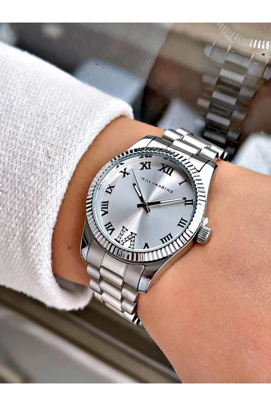 Navimarine Gümüş Renk Çelik Kordon Kadın Kol Saati Bileklik Hediyeli - Resim 2