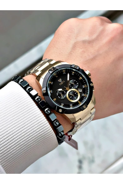 Fiesta Altın Renk Fonksiyonlu Çelik Makine Garantili Erkek Kol Saati + BİLEKLİK - Resim 2