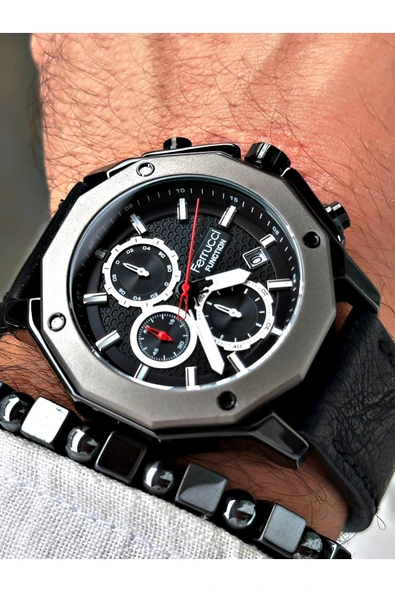 Ferrucci Siyah Deri Kordon Fonksiyonlu Şık Dizayn Erkek Kol Saati + BİLEKLİK HEDİYELİ ürün görseli 1