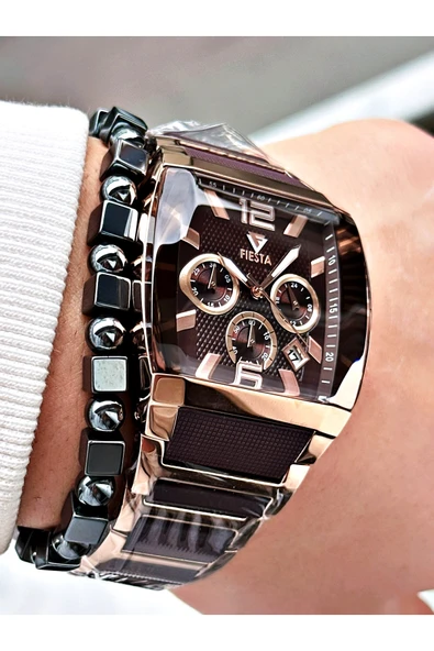 Fiesta Kahve Renk Kare Aynalı Model Çelik Business Erkek Kol Saati + BİLEKLİK - Resim 3