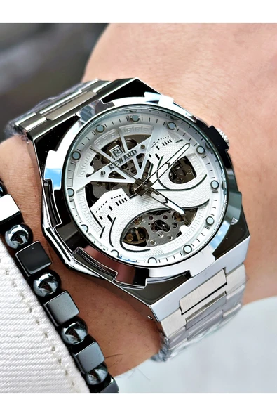 Reward Gümüş Renk Kabe Desen Otomatik Mekanizma Erkek Kol Saati + BİLEKLİK - Resim 3