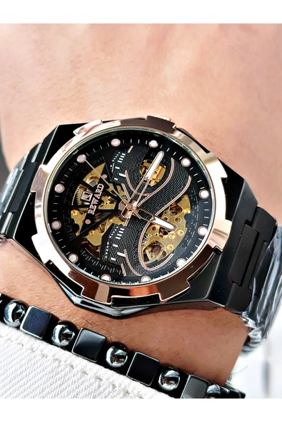 Reward Siyah Renk Kabe Desen Otomatik Mekanizma Erkek Kol Saati + BİLEKLİK ürün görseli 1