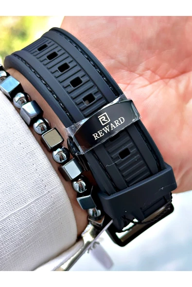 Reward Siyah Renk Çelik Kasa  Mekanizma Lüx Erkek Kol Saati + BİLEKLİK - Resim 4