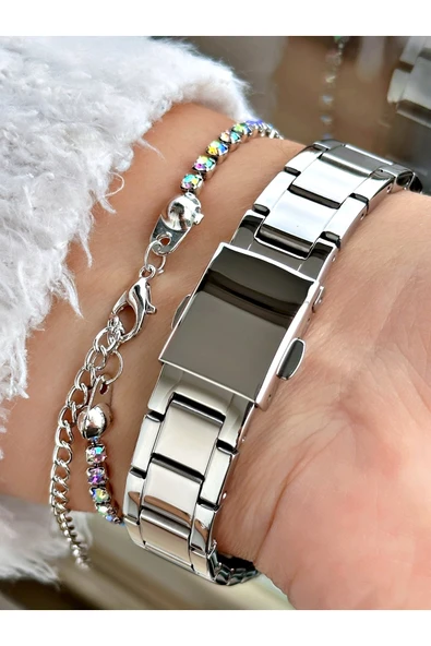 Ferrucci Gümüş Renk Sade Taşlı Model  Garantili Kadın Kol Saati + BİLEKLİK - Resim 3