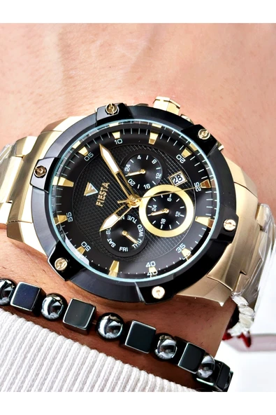 Fiesta Altın Renk Fonksiyonlu Çelik Makine Garantili Erkek Kol Saati + BİLEKLİK ürün görseli 1