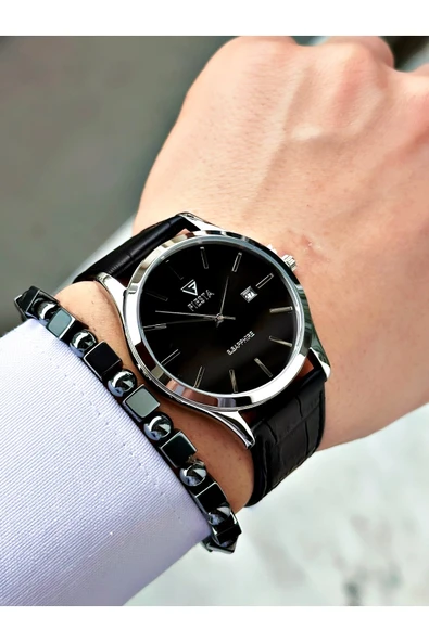 Fiesta Siyah Renk Klasik Sade Model Çelik Kasa Erkek Kol Saati + BİLEKLİK - Resim 2