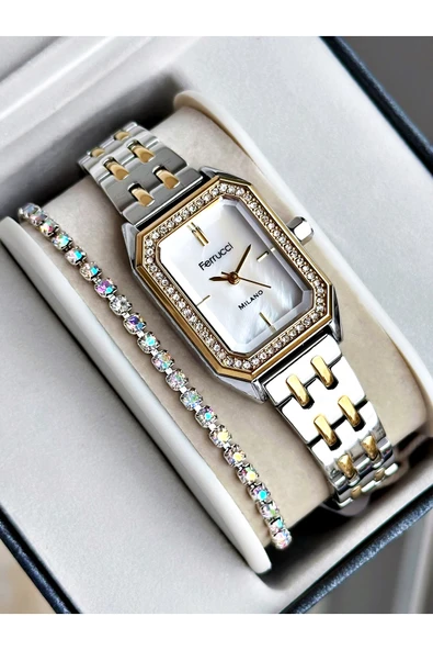 Ferrucci Gümüş Renk Taşlı Kare Model Garantili Şık Kadın Kol Saati + BİLEKLİK ürün görseli 1