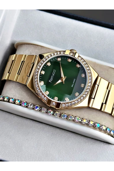 Ferrucci Altın Renk Aynalı Model Taşlı Model Kadın Kol Saati + BİLEKLİK - Resim 2