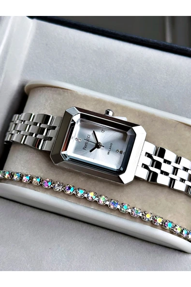 Ferrucci Gümüş Silver Renk Minimal Kasa Çelik Kordon Kadın Kol Saati + BİLEKLİK - Resim 2