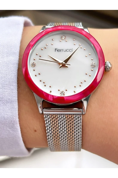 Ferrucci Silver Rose Gold Renk Hasır Metal Kadın Kol Saati - Resim 2