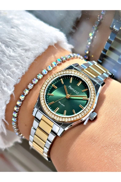 Ferrucci Altın Renk Taşlı Model Şık Dizayn  Kadın Kol Saati + BİLEKLİK ürün görseli 1