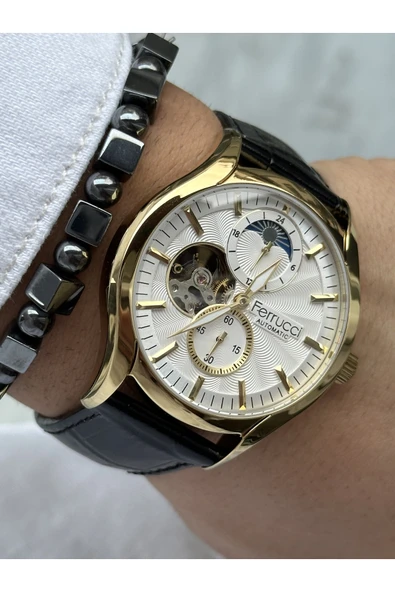 Ferrucci Altın Gold Gümüş Renk Çelik Kordon Business Otomatik Çelik Kordon Erkek Kol Saati + BİLEKLİK - Resim 3