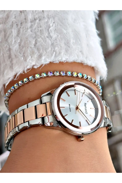 Ferrucci Rose Gold Gümüş Renk Aynalı Cam Kristal Model Şık Model Kadın Kol Saati + BİLEKLİK HEDİYELİ - Resim 3