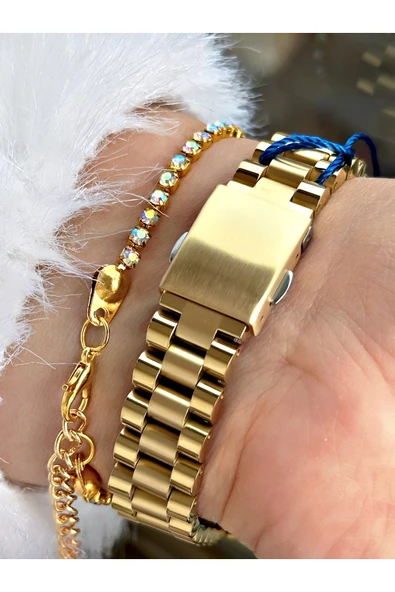 Navimarine Altın Renk Çelik Kordon Kadın Kol Saati + Bileklik Hediyeli - Resim 4