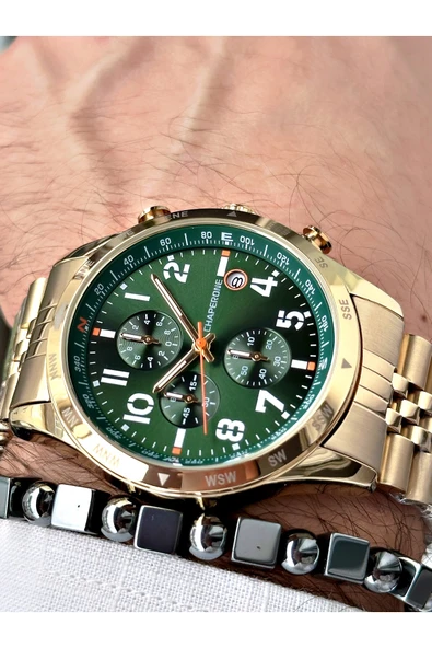 Chaperone Altın Renk Rakamlı Model Takvimli  Fonksiyonlu Erkek Kol Saati  + BİLEKLİK HEDİYELİ By Reward ürün görseli 1