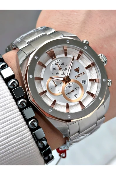 Fiesta Gümüş Renk Çelik Elite Mekanizma Garantili Fonksiyonlu Erkek Kol Saati + BİLEKLİK - Resim 3
