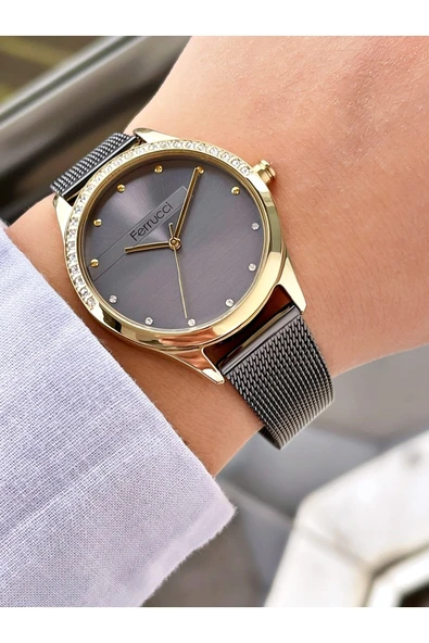 Ferrucci Füme Renk Gold Kasa Taşlı Model Kadın Kol Saati - Resim 4