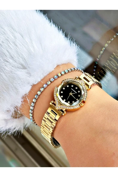 Chaperone Altın Renk Taşlı Model Minimal Aynalı Kadın Kol Saati + BİLEKLİK - Resim 2