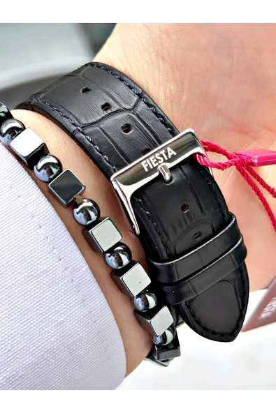 Fiesta Siyah Renk Klasik Sade Model Çelik Kasa Erkek Kol Saati + BİLEKLİK - Resim 4