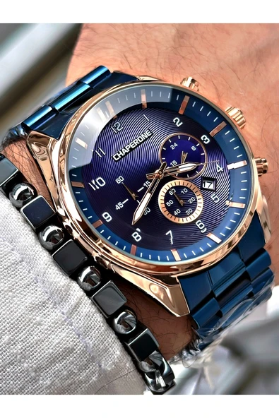 Chaperone Lacivert Renk Fonksiyonlar Aktif Çelik Kordon  Erkek Kol Saati + BİLEKLİK HEDİYELİ By Reward - Resim 3