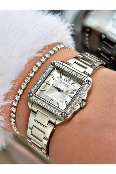 Ferrucci Gümüş Renk Kare Model Taşlı Çelik Kordon Kadın Kol Saati + BİLEKLİK HEDİYELİ ürün görseli 1