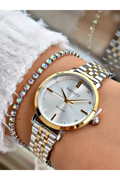 Ferrucci Altın Renk Sade Model Klasik Çelik Kordon Kadın Kol Saati + BİLEKLİK ürün görseli 1