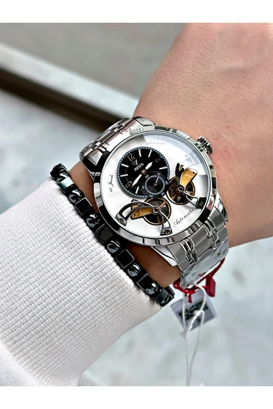 Fiesta Gümüş Renk Çift Türbünlü Otomatik Business Erkek Kol Saati + BİLEKLİK - Resim 6