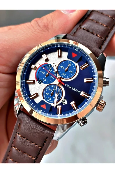 Chaperone Kahverengi Deri Kordon Fonskiyonlu Spor Erkek Kol Saati + BİLEKLİK HEDİYELİ By Reward - Resim 4
