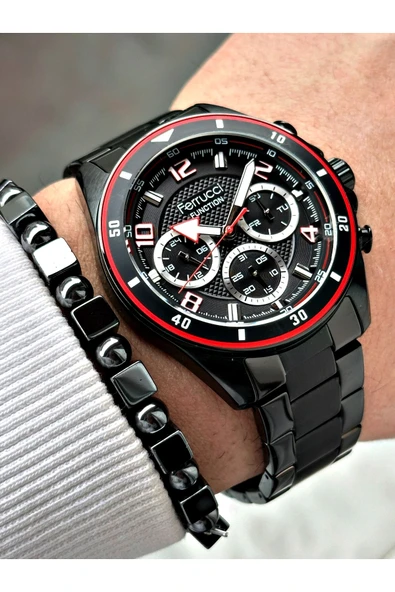Ferrucci Kırmızı Renk Siyah Kasa Silikon Kordon Erkek Kol Saati + Hematit Doğaltaş Bileklik ürün görseli 1