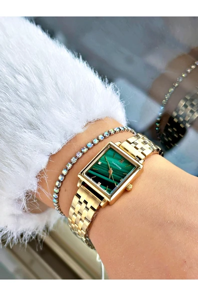Chaperone Altın Renk Kare Model Sade Çelik Kordon Kadın Kol Saati + BİLEKLİK - Resim 2