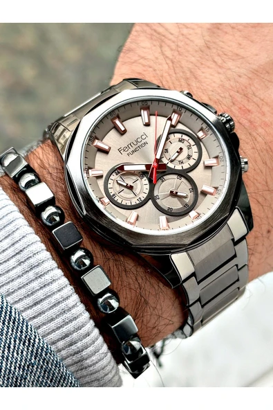 Ferrucci Füme Renk Çelik Kordon  Erkek Kol Saati GARANTİLİ + BİLEKLİK - Resim 3