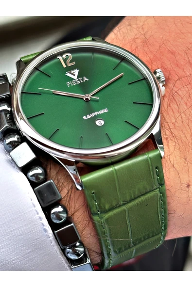 Fiesta Yeşil Renk Kayışlı Model Safir Cam Çelik Kasa Deri Kordon Erkek Kol Saati + BİLEKLİK HEDİYELİ - Resim 2