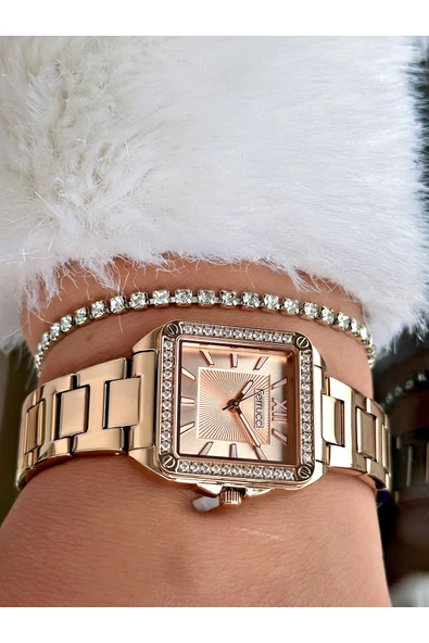 Ferrucci Rose Gold Renk Kare Model Taşlı Çelik Kordon Kadın Kol Saati + BİLEKLİK HEDİYELİ - Resim 3