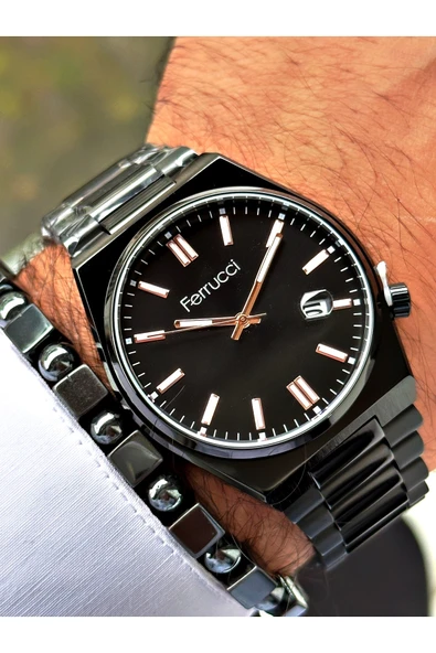 Ferrucci Siyah Renk Klasik Takvimli Çelik Model Erkek Kol Saati + BİLEKLİK HEDİYELİ - Resim 3