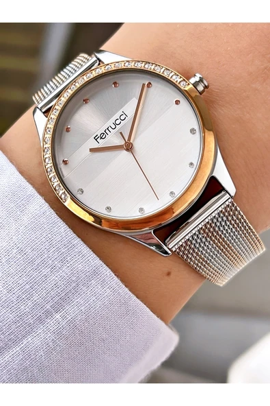 Ferrucci Rose Gold Gümüş Renk Taşlı Model Kadın Kol Saati - Resim 3