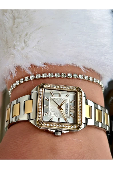 Ferrucci Gümüş Gold Renk Kare Model Taşlı Çelik Kordon Kadın Kol Saati + BİLEKLİK HEDİYELİ - Resim 3