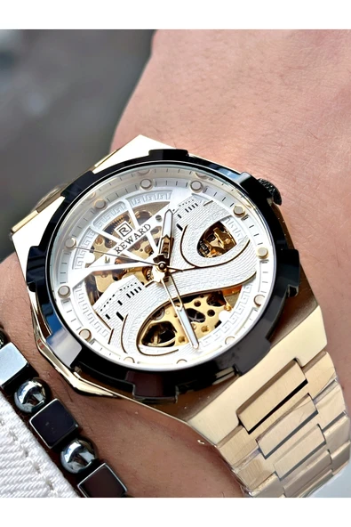 Reward Altın Renk Kabe Desen Otomatik Mekanizma Erkek Kol Saati + BİLEKLİK - Resim 4