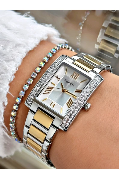 Ferrucci Altın Renk Kare Taşlı Model Çelik Kordon Kadın Kol Saati + BİLEKLİK ürün görseli 1